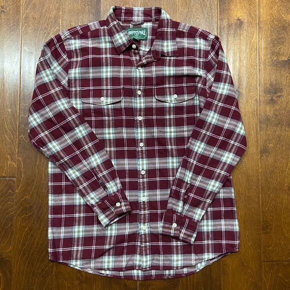 American Eagle Vintage Maroon Tan Plaid Button Front Flannel Men's Size Large - Picture 3 of 7